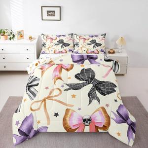 Erosebridal Готический комплект постельного белья Bowknot Skeleton Halloween с паутиной и сахарными черепами, бежевый, Purple Beige
