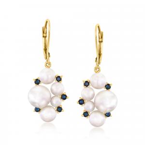 Серьги-подвески Ross-Simons с культивированным жемчугом 3,5-8 мм и сапфирами из 18-каратного золота поверх стерлингового серебра Ross-Simons, 1.38 In