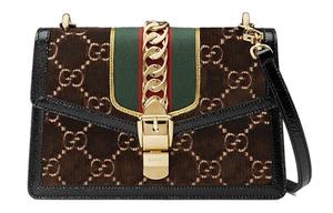 Сумка Sylvie Velvet с кожаными плечевыми вставками, маленькая, коричневая, женская, кроссбоди GUCCI
