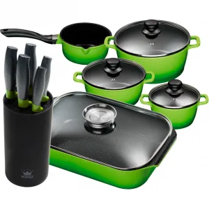 Набор посуды King с набором ножей на вертикальной подставке, зеленый