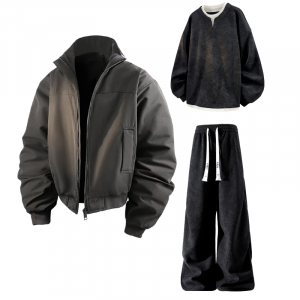 Повседневная спортивная одежда унисекс с воротником стойкой, утепленная и с флисовой подкладкой X1617, серый puffer jacket+черный fleece-lined sweatshirt+черный fleece-lined pants