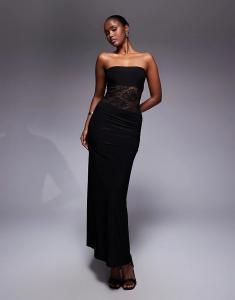 Эксклюзивное двухслойное облегающее платье-бандо с прозрачными кружевными вставками от Kaiia черного цвета