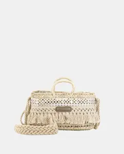 Мини-сумка из натуральной пальмовой шерсти в сочетании с бахромой и зеркалами Simó Sastre, бежевый