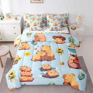 Erosebridal Комплект постельного белья Capybara Couple с принтом кактусов и подсолнухов в стиле фермерского дома, Brown Blue