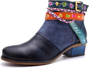 Женские ручные ретро-сапоги на высоком каблуке из овчины, красочная роспись, металлический стиль - модные, удобные, прочные, уникальный стиль меньшинств Riutiru, Blue 1