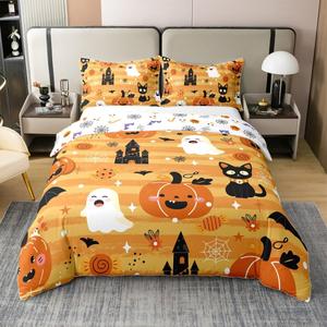 Erosebridal Комплект постельного белья Halloween с тематикой Хэллоуина: тыквы, призраки, пауки, летучие мыши и черные коты, желтый цвет, Yellow