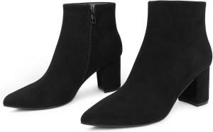 Женские ботильоны JOY IN LOVE с массивным каблуком, заостренным носком и застежкой-молнией, Black Suede (Black Sole)