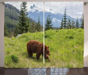 Штора ABAKUHAUS "Медведь в деревенском стиле", меховой зверь, с эффектом природы, универсальная, для гостиной, с петлями и крючками, 280 x 225 см, цвет: зелено-коричневый Abakuhaus