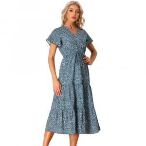Женское летнее платье в стиле бохо, повседневное платье-миди с коротким рукавом и V-образным вырезом, многоуровневые цветочные платья миди ALLEGRA K, цвет Dark Blue