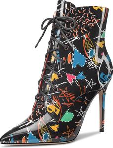 Женские ботильоны Aachcol с коротким голенищем, заостренным носком, стойкой на шпильке средней высоты, лакированные, с молнией и шнуровкой, сексуальные, каблук 4 дюйма, Multicolor E