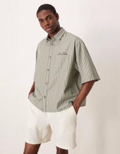 Рубашка свободного кроя в полоску с вышивкой на груди зеленого цвета Asos Design