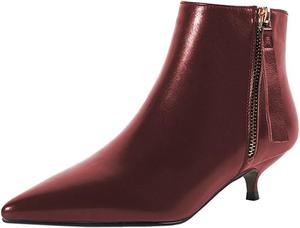 Женские кожаные ботильоны XYD Comfort Kitten с низким каблуком, зауженным носком, двойной боковой молнией, базовые офисные туфли для женщин, Wine Red
