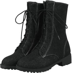 Женские джинсовые ботильоны Uniquelly с массивным каблуком, на платформе, с круглым носком, шнуровкой, повседневные, для зимы, Black