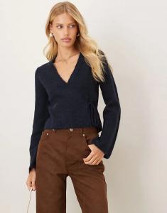 Длинный вязаный кардиган Gina Tricot из шерсти альпаки с запахом, темно-синий