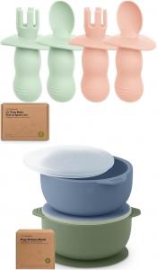 Набор из 4 силиконовых детских ложек и вилок Keababies и 2 детских миски с присосками, крышками