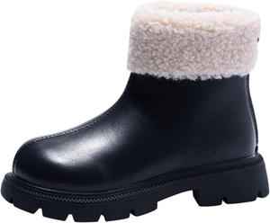 Детские ботинки с искусственным мехом, с утеплителем, на щиколотку, для девочек, с массивным каблуком, зимние, однотонные, классические, противоскользящие, дождевые Generic, Black