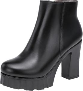 Женские ботинки из искусственной кожи, на высоком каблуке, с толстой подошвой, на молнии, осенне-зимние офисные ботильоны с круглым носком OXCOWNIU, Black With Fur