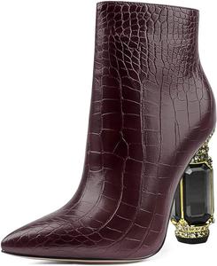 Женские ботильоны FSJ с острым носком, кристаллами, массивным каблуком и боковой молнией, блестящие, повседневные, модные, осенние, размеры US 4-15, Brown Crocodile Print