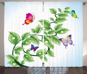 Штора ABAKUHAUS Natural Rustic с цветочным узором в виде веток и листьев, присборенная тесьма для спальни с петлями и крючками, 280 x 175 см, цвет папоротниково-зеленый, светло-голубой Abakuhaus