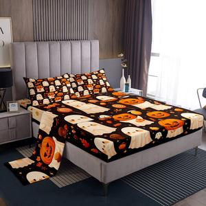 Erosebridal Готический комплект постельного белья Cartoon Ghost King с тыквенными фонарями и конфетами, White Black Orange