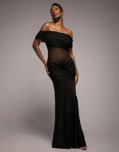 Платье макси Goddiva со сборками на плечах и сетчатой ​​вставкой на талии, черное