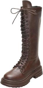 Женские зимние ботфорты до колена с круглым носком, платформой, широкую икру, на шнуровке, из искусственной кожи, готического стиля, высокие ботинки XHLEMON, Brown