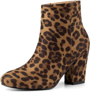Allegra K женские ботильоны с круглым носком, боковой застежкой-молнией и массивным каблуком, Leopard