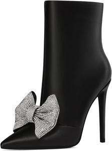 Женские модные ботильоны FSJ на высоком каблуке с заклепками, закрытым заостренным носком, шпильки, молния, осенне-зимняя обувь, размеры 4-15 М US, Black Satin Bow