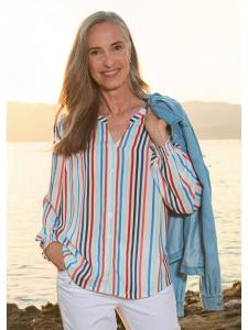 GOLDNER Полосатая блузка со сборками синего/кораллового/белого цвета в полоску