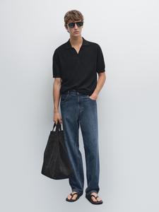 Рубашка-Поло с короткими рукавами из жаккардового трикотажа Massimo Dutti, темно-синий