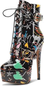 Женские лакированные ботильоны на платформе Aachcol, застежка на шнуровку, высокий каблук-стилет, пряжка и молния, короткие ботинки, туфли для выпускного платья, каблук 15 см, Black Doodle