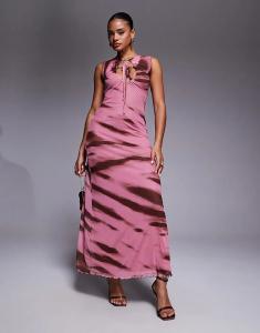 Платье макси из сетчатого материала ASOS DESIGN с принтом, салатовым подолом и замочной скважиной, розовое и коричневое с анималистичным принтом