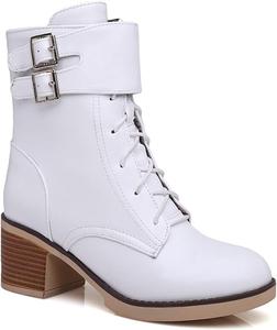 Женские ботильоны VOKLIN в западном стиле с круглым носком, на шнуровке, платформой, массивным средним каблуком и заклепками, White