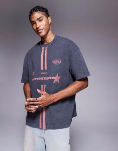 Футболка свободного кроя ASOS DESIGN со спортивной графикой из плотной ткани плотностью 220 г/м², стираная, черного цвета