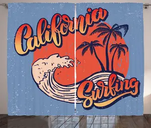 Шторы ABAKUHAUS Graphic Beach Rustic Curtain, California Surfing, универсальные ленточные шторы для гостиной с петлями и крючками, 280 x 225 см, потолочный синий, жженая сиена Abakuhaus