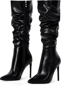 Женские сапоги до колена Elisabet Tang, высокая шпилька 4", искусственная замша, заостренный носок, боковая молния, ботильоны до колена, платьевые туфли, All Black Pu