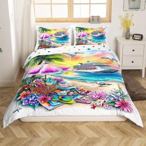 Erosebridal Комплект постельного белья Hawaii Beach для детей с тропическим принтом пальм и лодок, Blue Green Purple