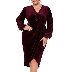 Женское платье plus size velvet casual party cocktail v neck long sleeve bodycon wrap Clearflower, Wine Red