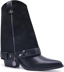 Generic Ботинки Convertible Faux Leather Boot,Adjustable Boot Cuffs Collar,2-in-1 Zip On Ankle Boot Accessories,Black Leather,Pointed Toe, Block Heel