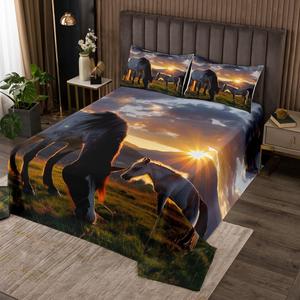 Erosebridal Комплект постельного белья Horse с горным пейзажем и закатом, стеганое покрывало для всех сезонов, Multi 10