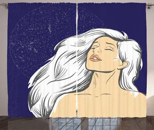 Штора ABAKUHAUS в стиле ретро, комический рисунок Женщина ночью, универсальная ленточная штора для гостиной с петлями и крючками, 280 x 225 см, цвет индиго Abakuhaus