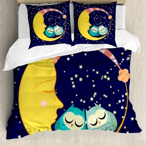 Комплект постельного белья ABAKUHAUS Moon для односпальных кроватей, с изображением спящей совы и пары, полумесяца, с защитой от клещей, подходит для аллергиков, с наволочкой, 200 см x 200 см - 80 x 80 см, индиго и разноцветный Abakuhaus