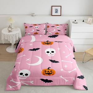 Erosebridal Готический комплект постельного белья с летучими мышами, тыквами, галактикой, луной и звездами, розовый, Multi 03