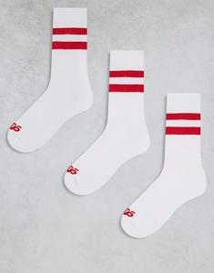 Комплект 3 пары носков с двумя полосками, быстросохнущие, белые с красной полосой 4505