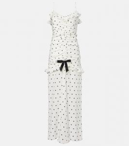 Рюшированное платье макси из шелка в горошек Alessandra Rich, White-Navy Blue