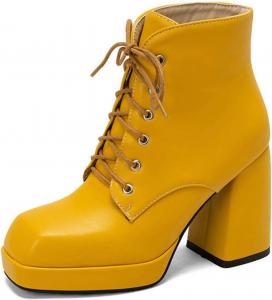 Женские модные ботильоны с квадратным носком, массивным каблуком и шнуровкой FufoneUS, Yellow