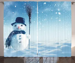 Штора ABAKUHAUS Снеговик в деревенском стиле, Зимняя сказка, снежный холод, для спальни, присборенная, с петлями и крючками, 280 x 225 см, светло-голубой, темно-синий, белый Abakuhaus