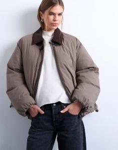 Нейлоновое полупальто Topshop с контрастным воротником из замши цвета хаки