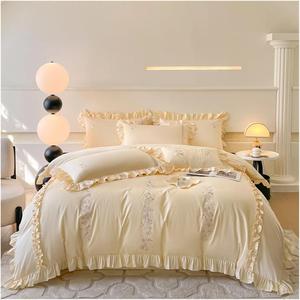 YUSIWOAL Комплект постельного белья из хлопка с французскими воланами, цветочной вышивкой и кружевными краями Beige