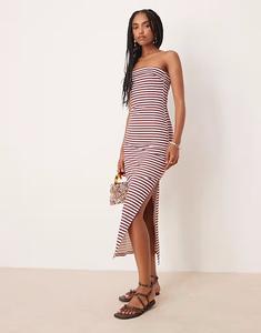 Платье-бандо миди с отворотом в коричнево-розовую полоску Asos Design